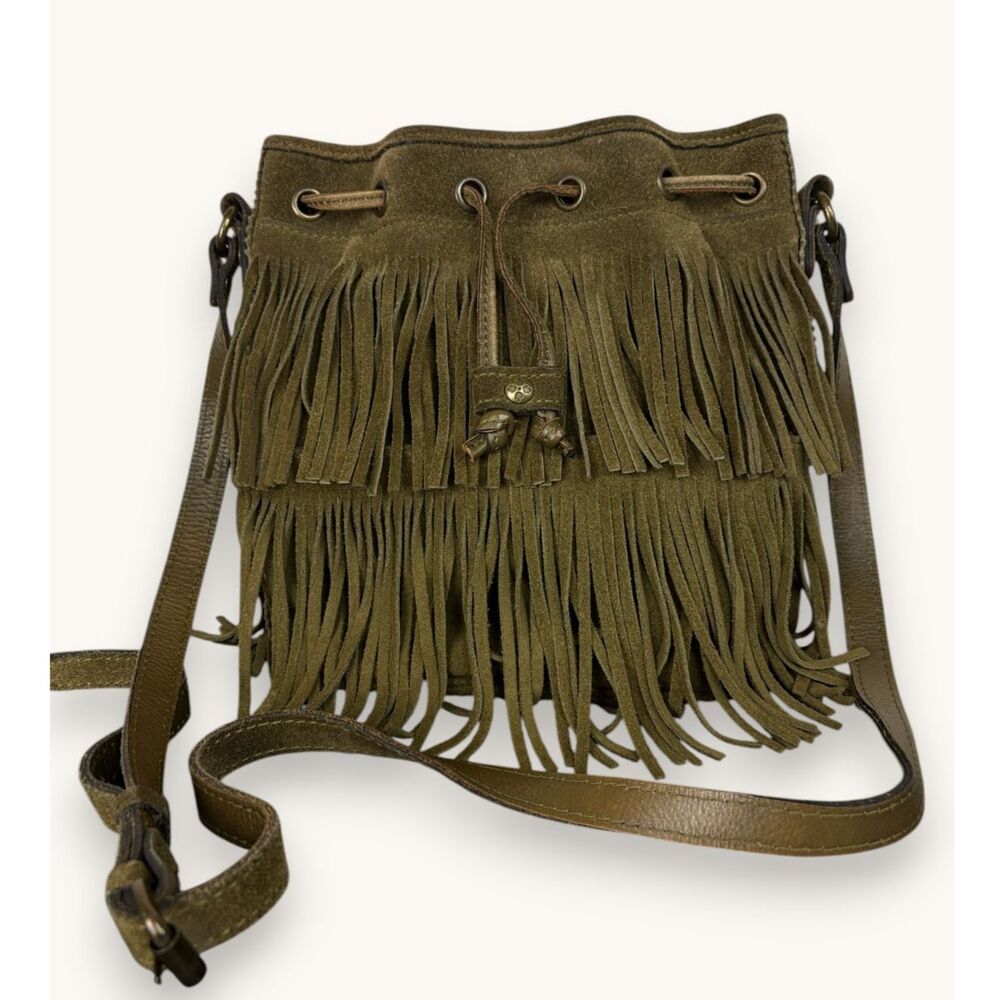 Patricia Nash Niccioleta Italian Leather Fringe Bucket Bag Olive Green